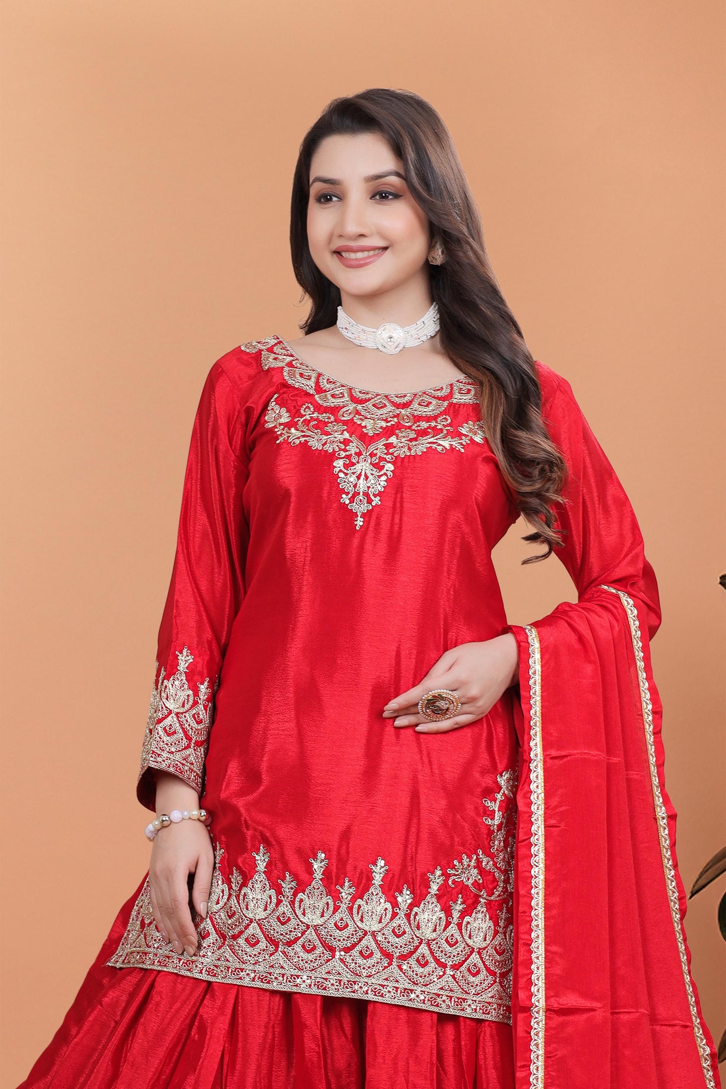Designer Embroidery Work Red Color Palazzo Suit