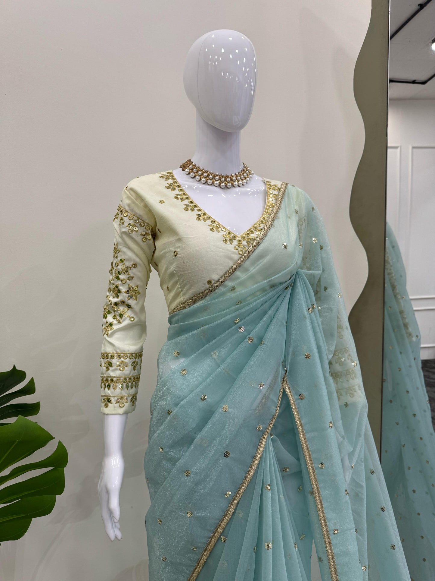 Fantastic Sequnce Work Net Sky Blue Color Saree