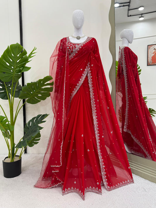 Pearl Work Red Color Attractive Net Saree