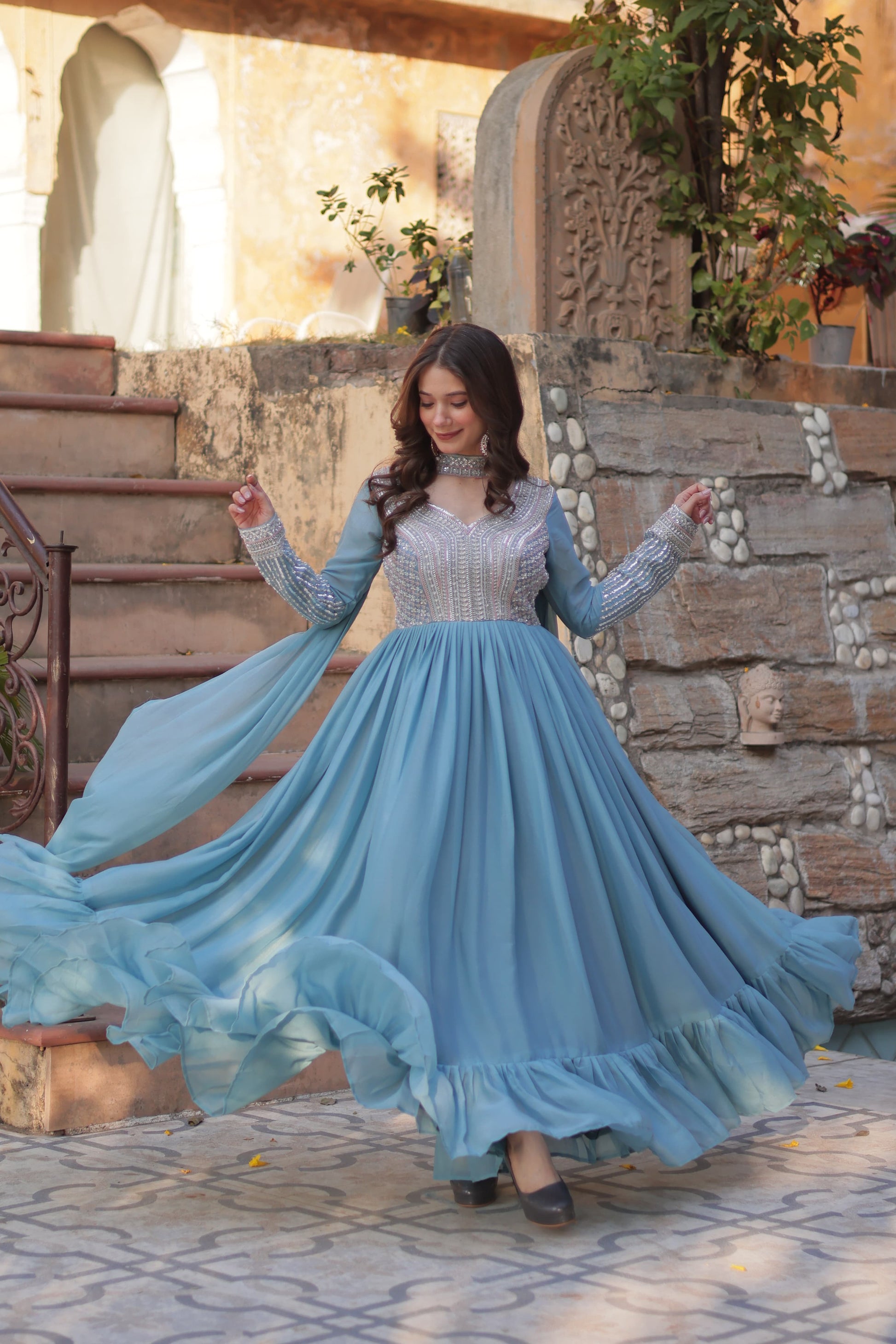 Attractive Beads Sequins Work Sky Blue Color Gown