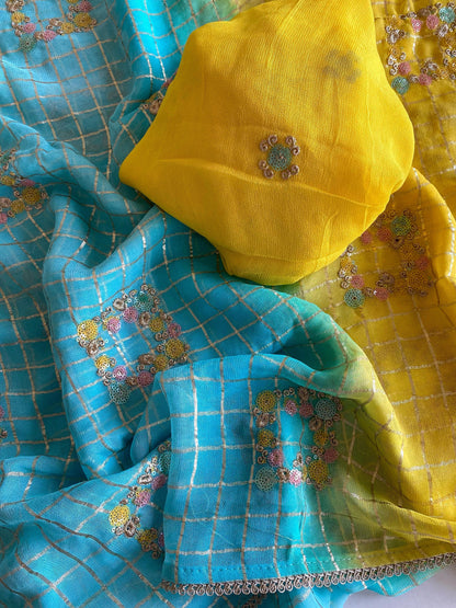 Glimmering Viscose Chiffon Sky Blue & Yellow Color Saree