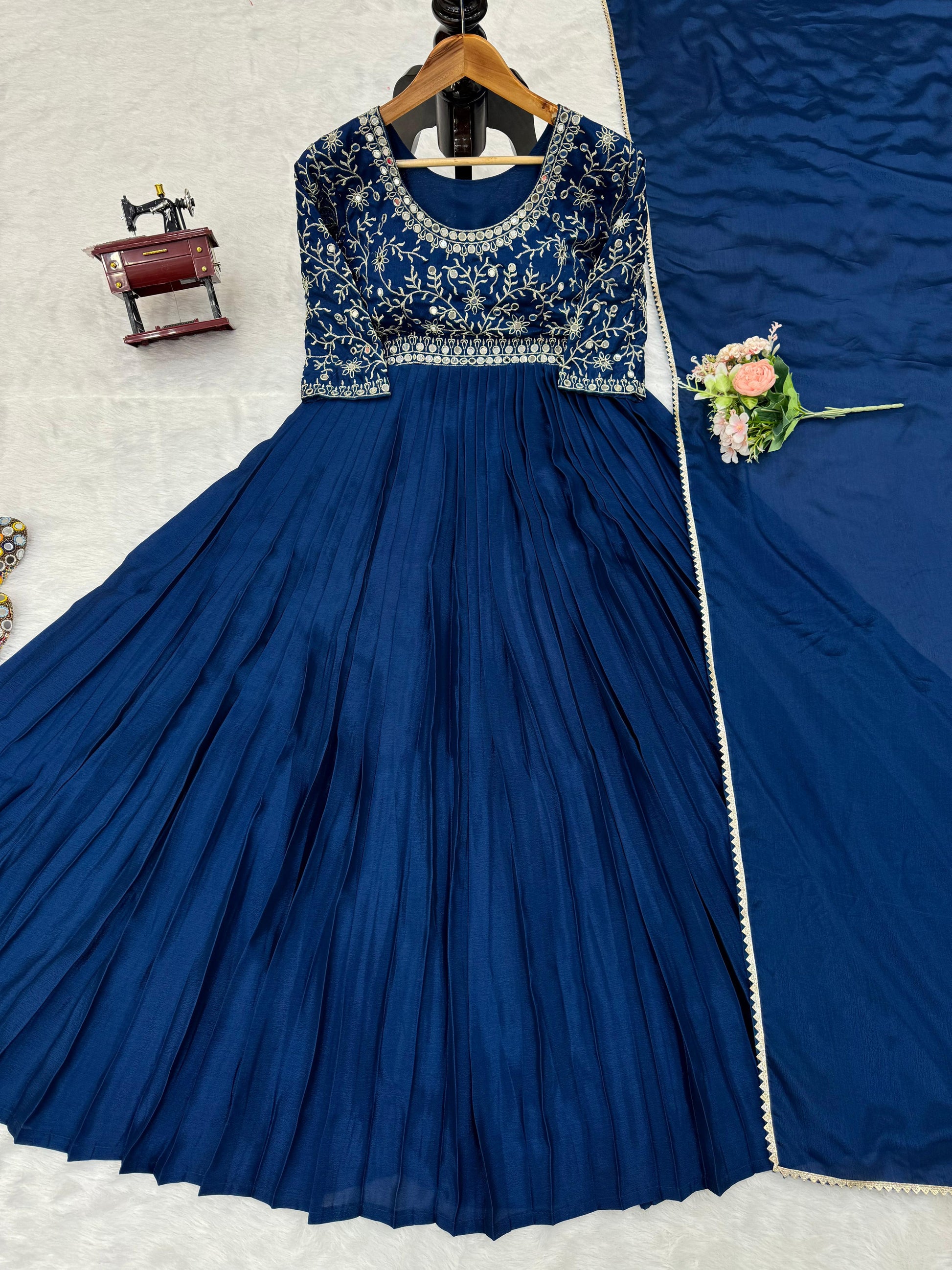 Awesome Real Mirror Work Navy Blue Color Gown