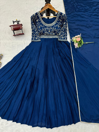 Awesome Real Mirror Work Navy Blue Color Gown