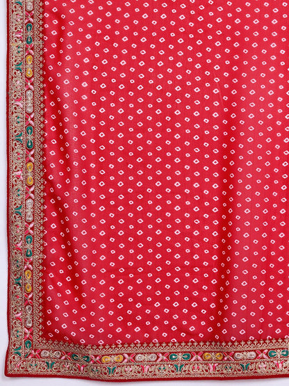 Red Bandhani Georgette Saree with Embroidered Border | red color saree for wedding & Wedding Saree for Women