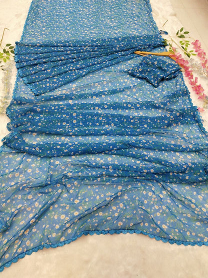 Delightful Digital Print Blue Color Ready To Wear Saree