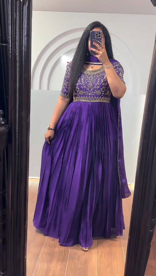 Awesome Real Mirror Work Purple Color Gown