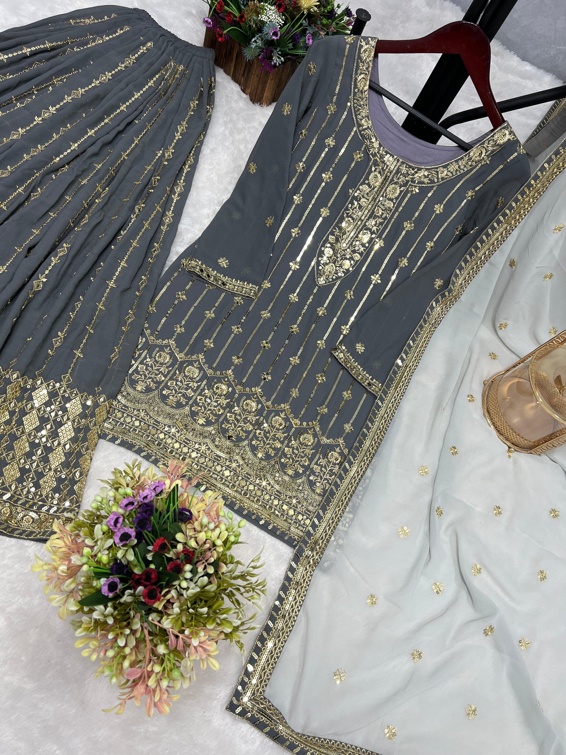 Pattern Wedding & Party Wear Mirror Hand Work Gray Color Salwar Suit With Contrast Dupatta