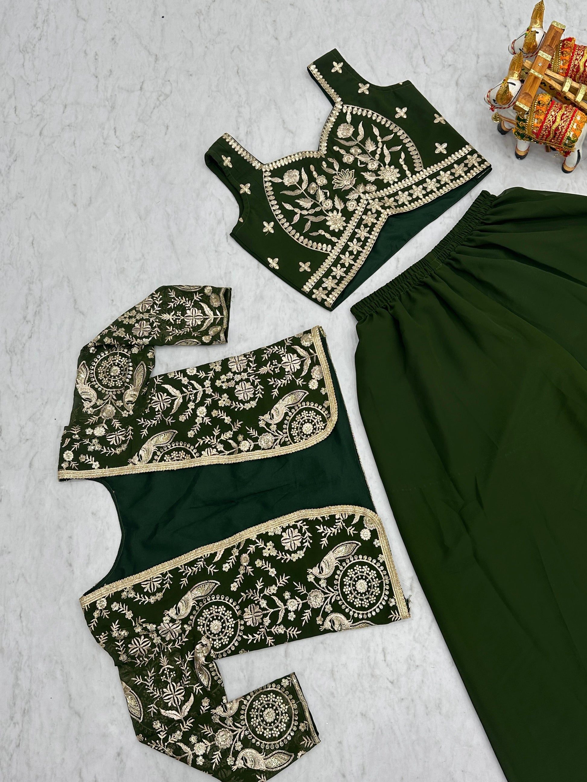 Glossy Georgette Lace Work Mehndi Color Palazzo Suit With Koti