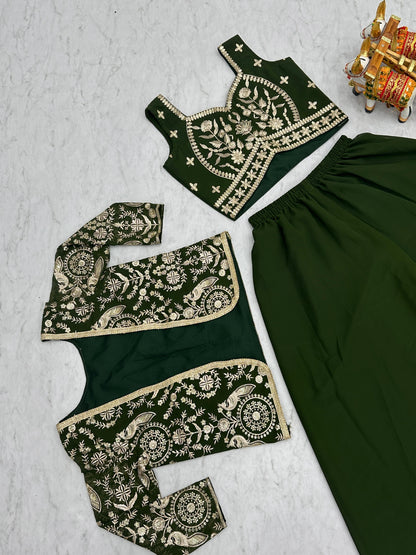 Glossy Georgette Lace Work Mehndi Color Palazzo Suit With Koti