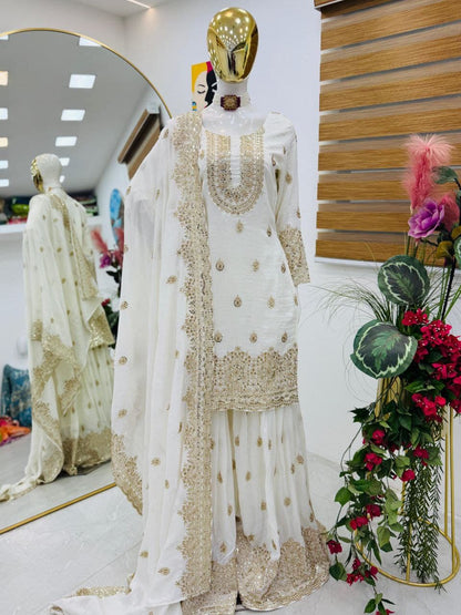 Function Wear Heavy Work White Color Sharara Suit