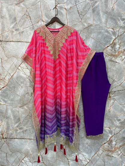 Preferable Chinon Embroidered Work Pink Multi Color Kaftani Dress