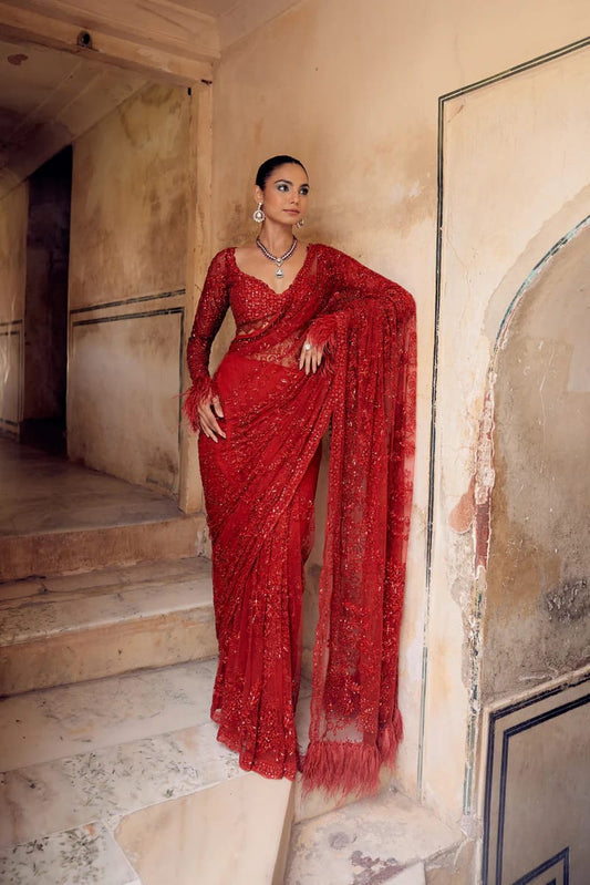 Red Color Heavy Work Party Wear Saree