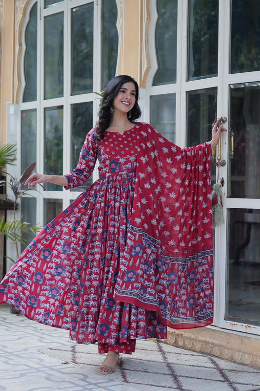 Fancy Cotton Round Neck Red Color Gown