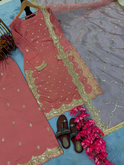 Adorable Roman Silk Peach Color Salwar Suit