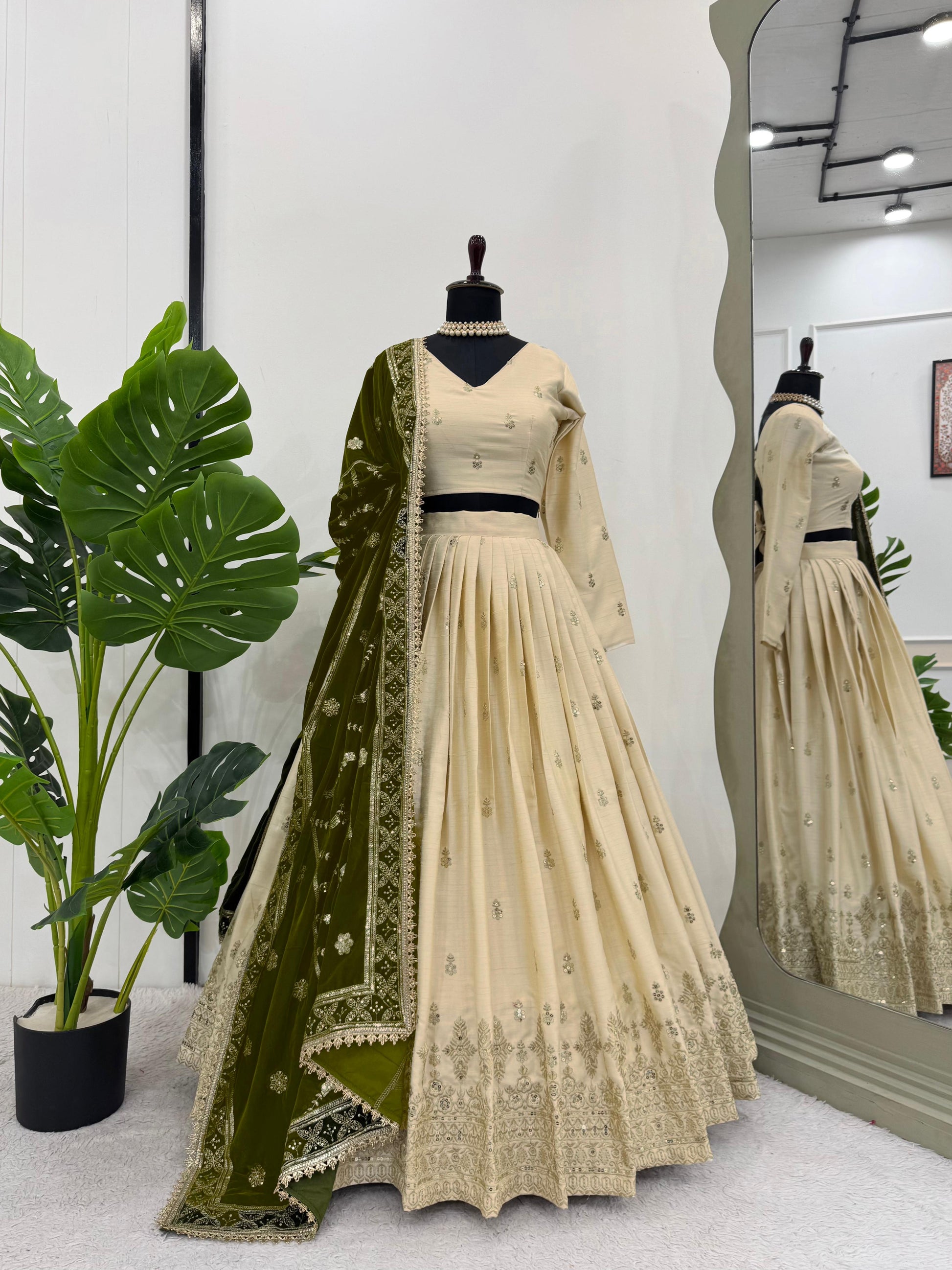 Party Wear Thread With Sequence Work Of White Color Lehenga Choli