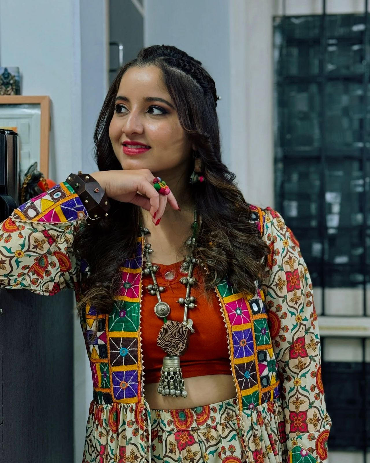 Navratri Festival Mirror Work Multi Color Lehenga Choli With Shrug