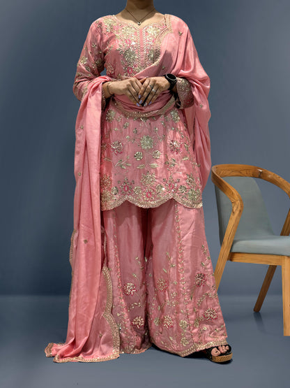 Outstanding Sequence And Thread Work Pink Color Sharara Suit