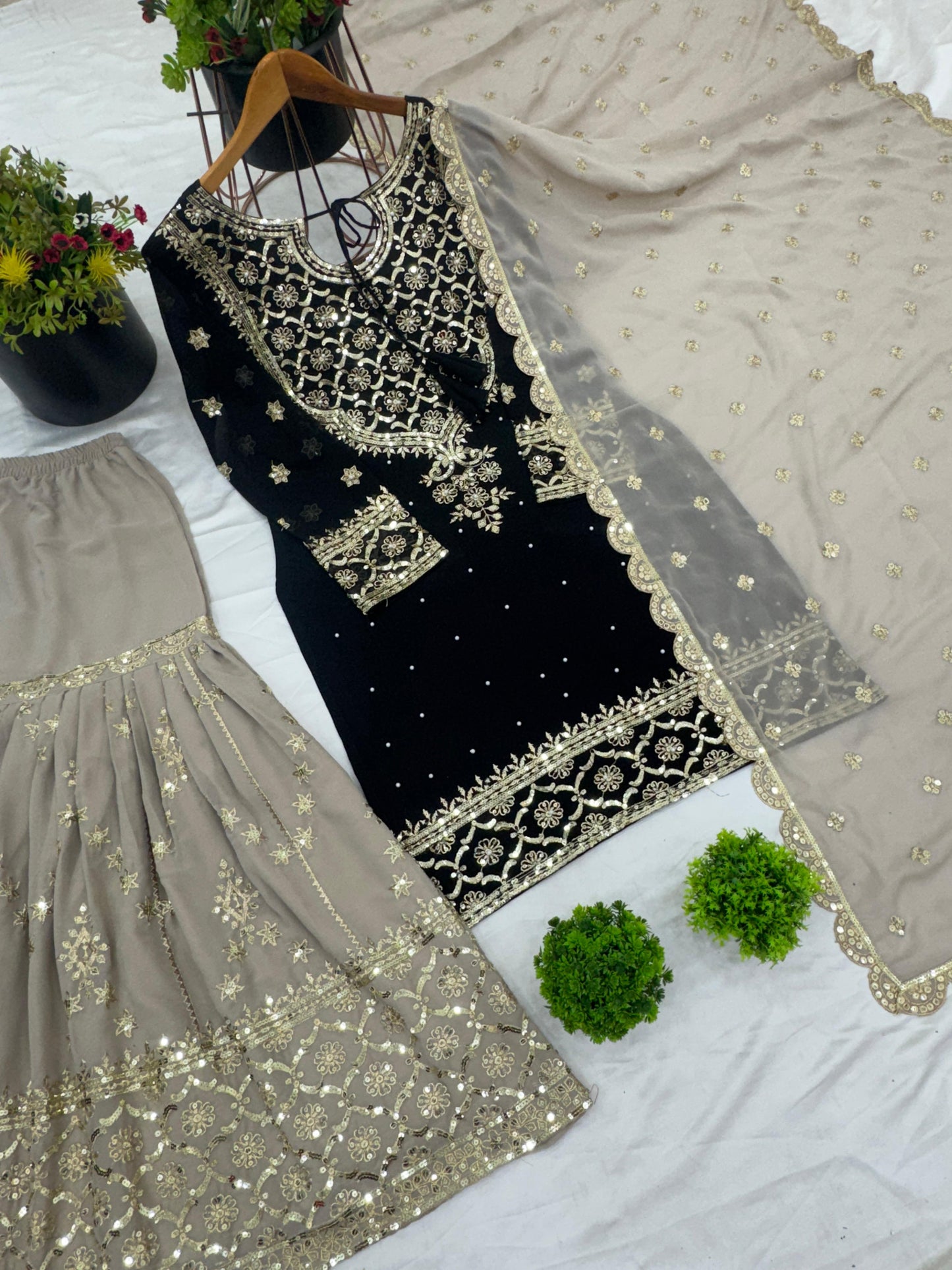 Presenting Embroidery Sequence Work Black Color Sharara Suit