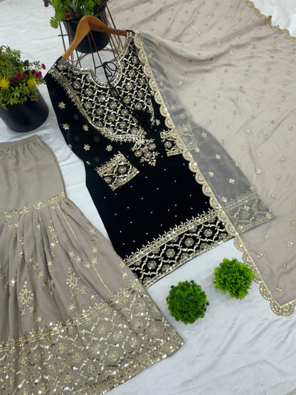 Presenting Embroidery Sequence Work Black Color Sharara Suit