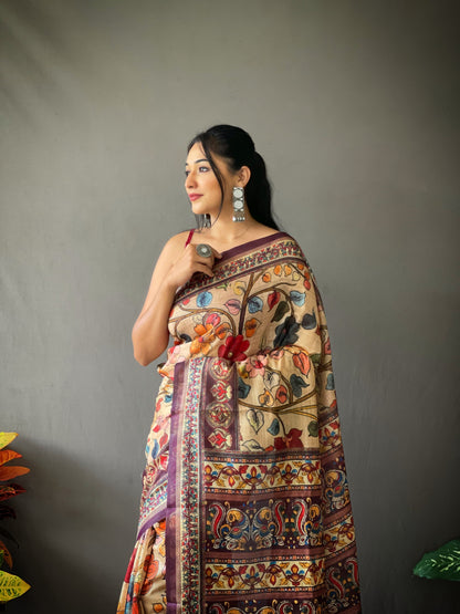 Festive Wear Multi Design Beige Color Cotton Saree