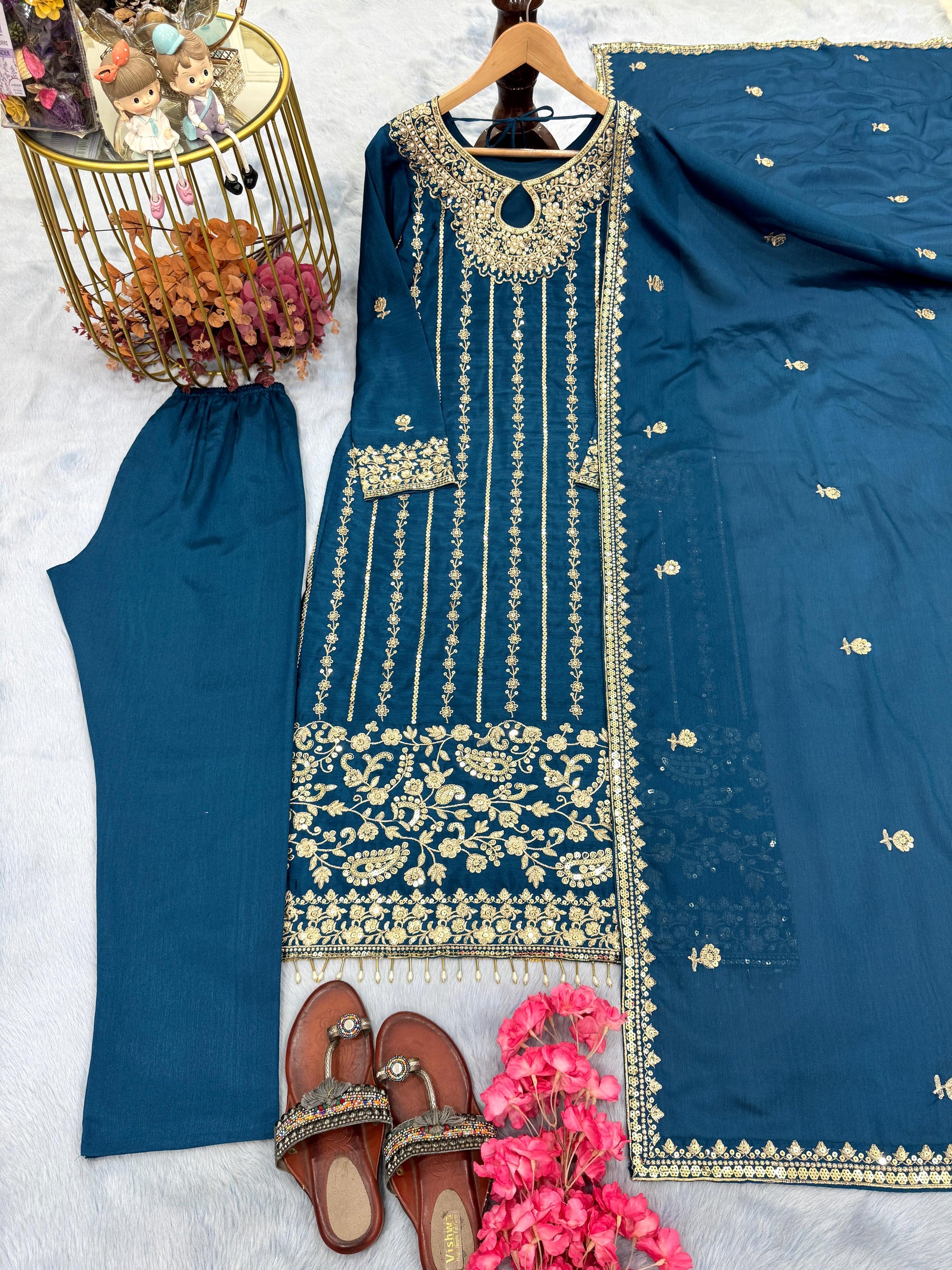 Graceful Chinon Silk Embroidery Work Teal Blue Salwar Suit
