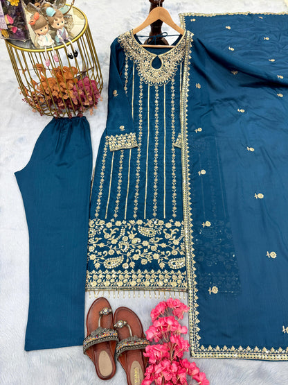 Graceful Chinon Silk Embroidery Work Teal Blue Salwar Suit