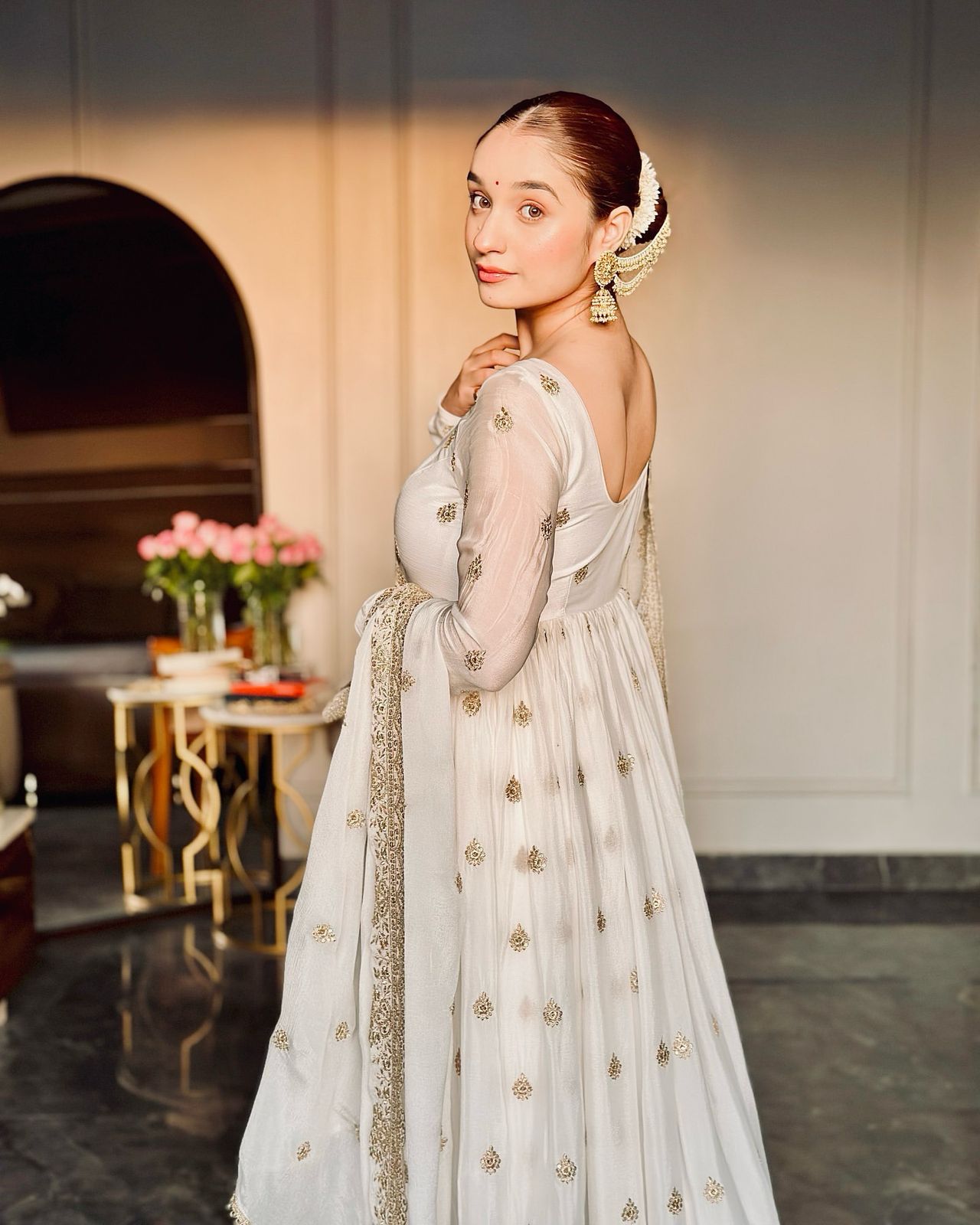 Graceful Chinon Silk White Color Sequence Work Gown