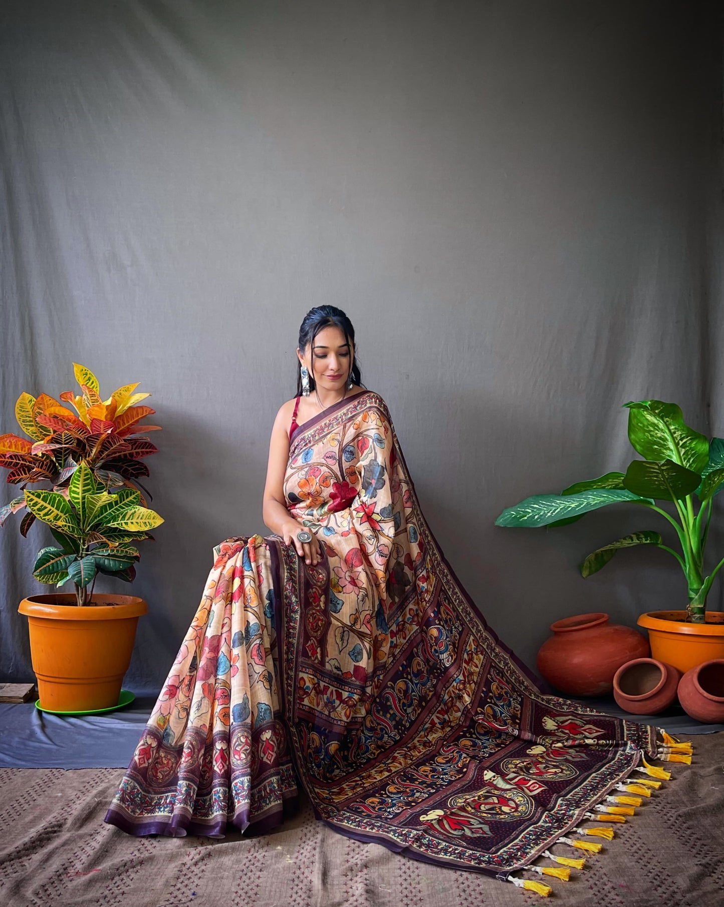 Festive Wear Multi Design Beige Color Cotton Saree