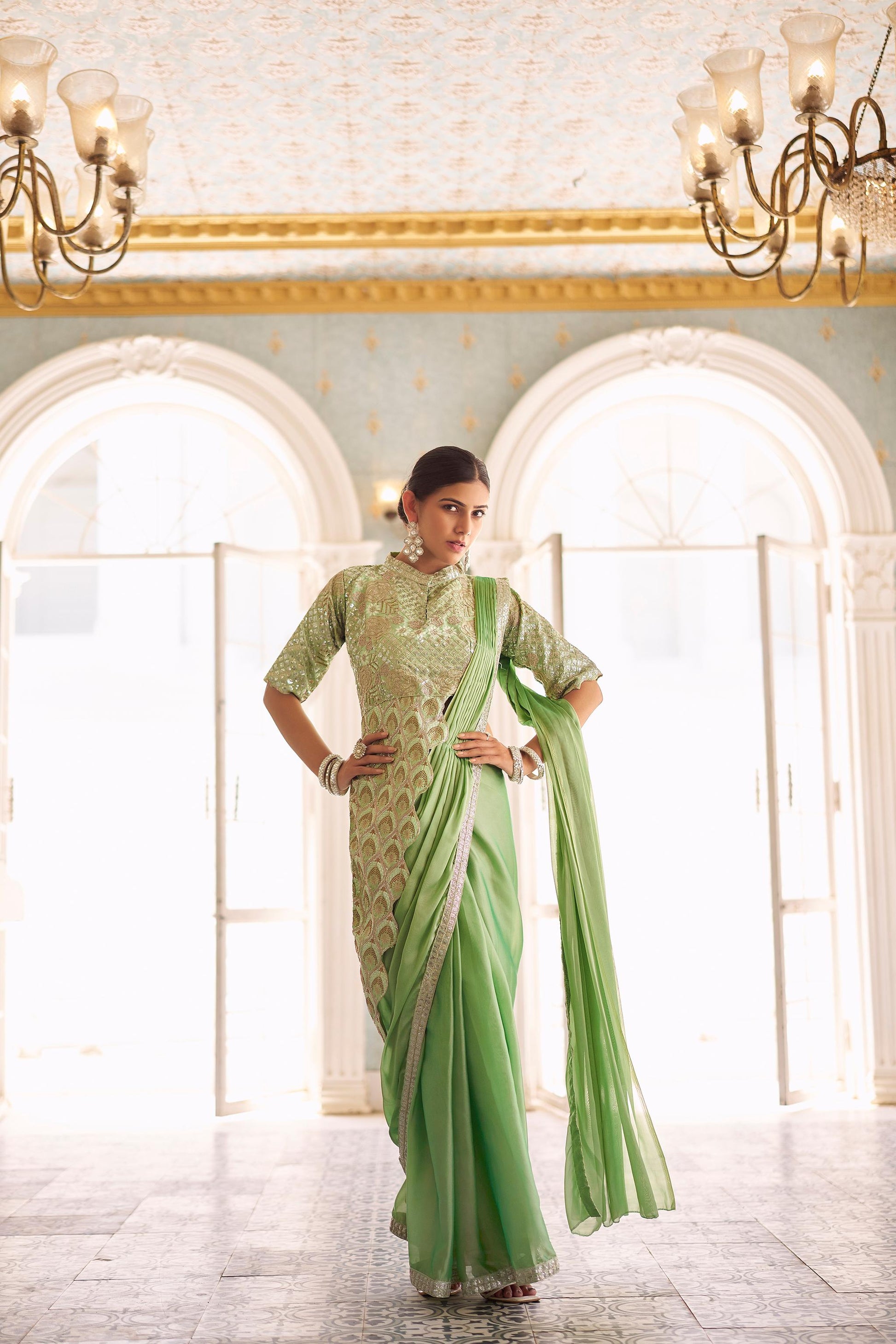 Classy Chinon Embroidery Work Pista Color Ready To Wear Saree