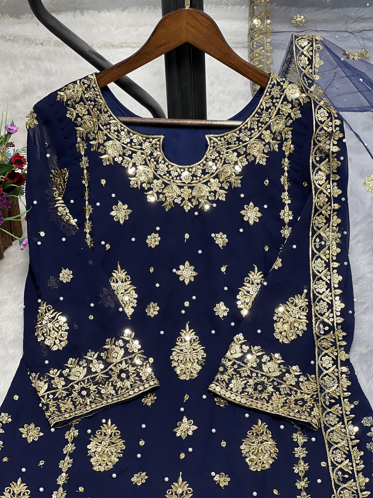 Good Looking Embroidery Work Navy Blue Color Palazzo Suit