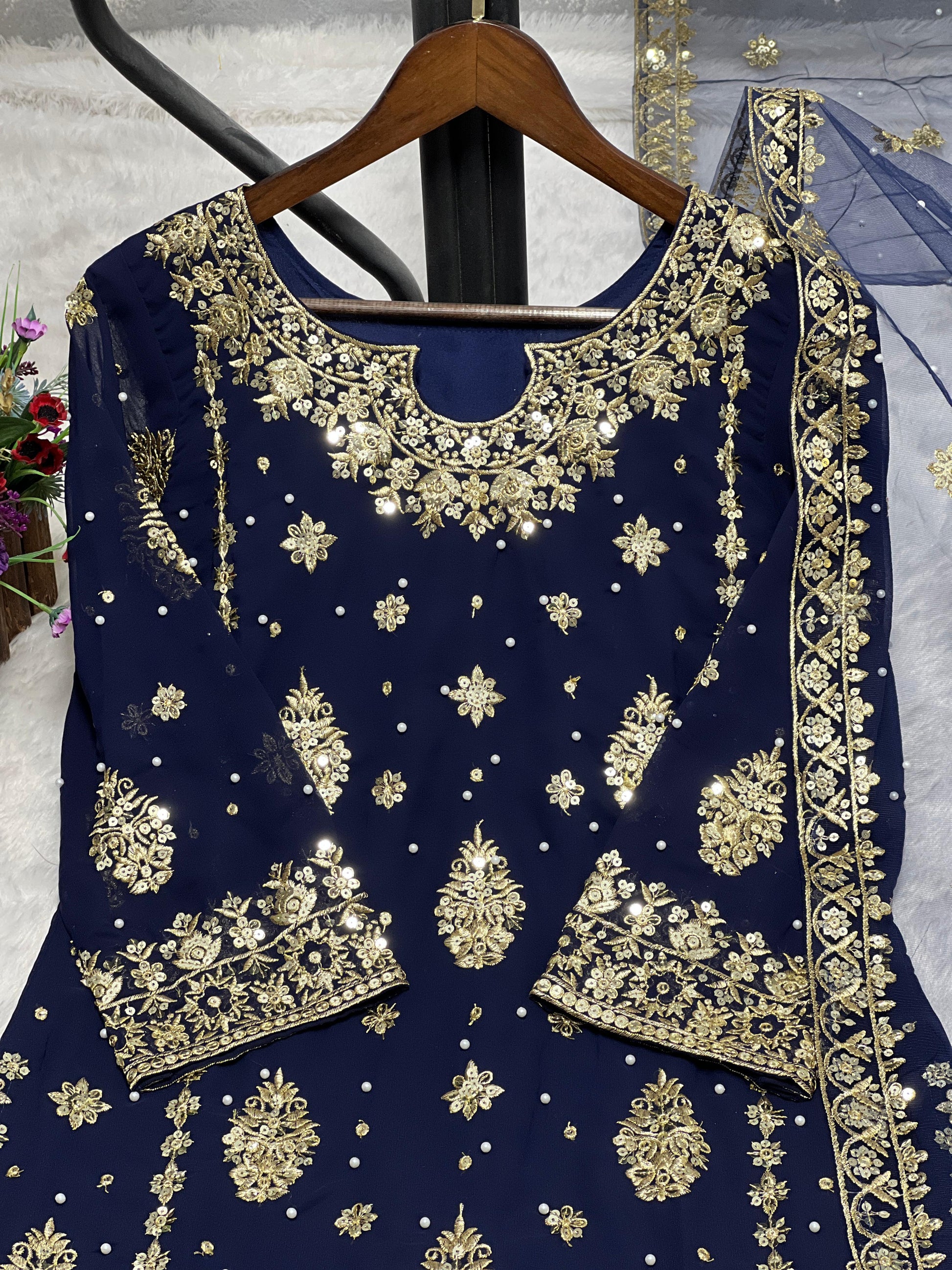 Good Looking Embroidery Work Navy Blue Color Palazzo Suit