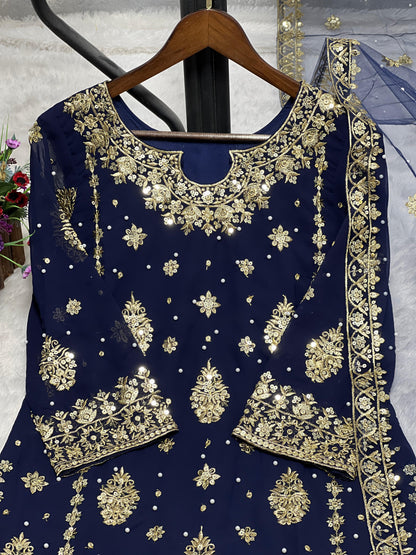Good Looking Embroidery Work Navy Blue Color Palazzo Suit