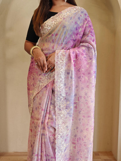 Casual Wear Light Pink Color Digital Print Organza Saree