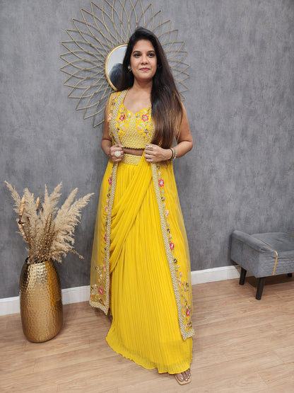 Function Wear Georgette Yellow Color Lehenga Saree With Koti