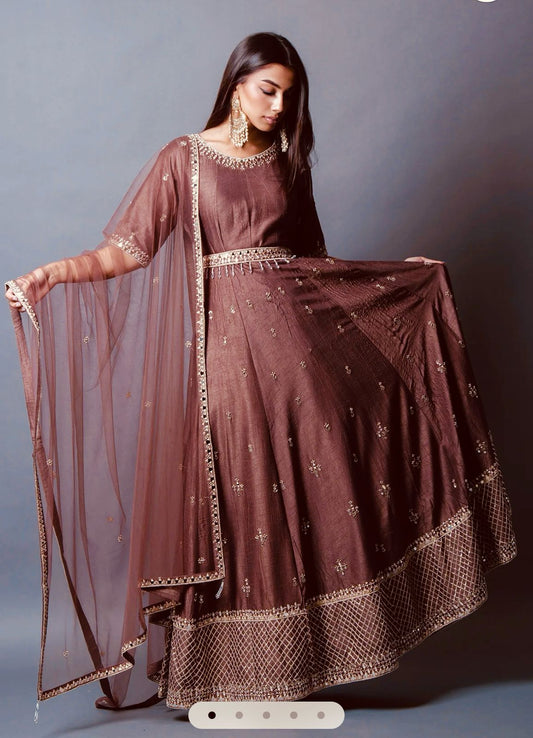 Daisy Chinon Silk Sequence Work Brown Color Gown