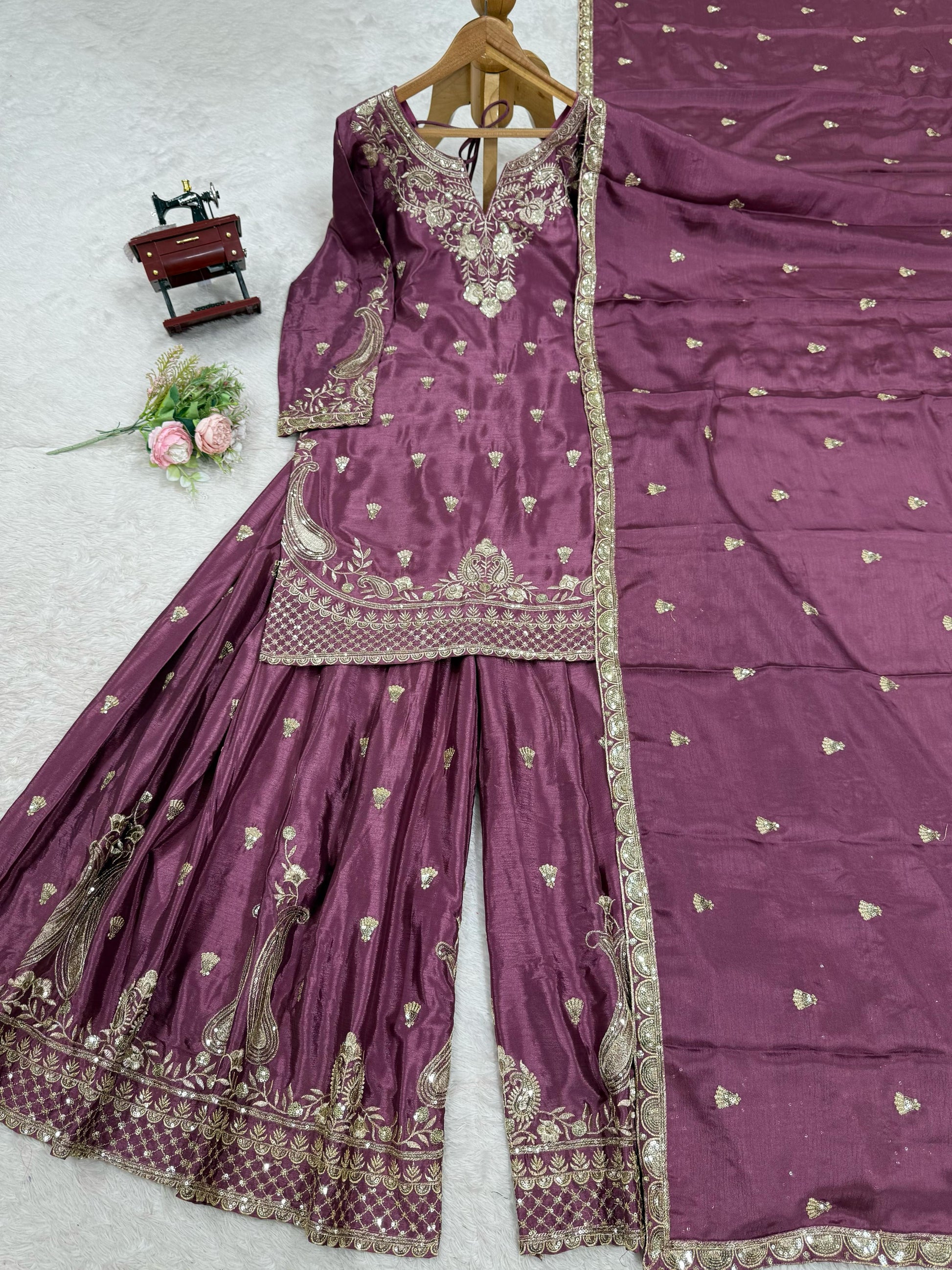 Wonderful Chinon Silk Wine Color Palazzo Suit