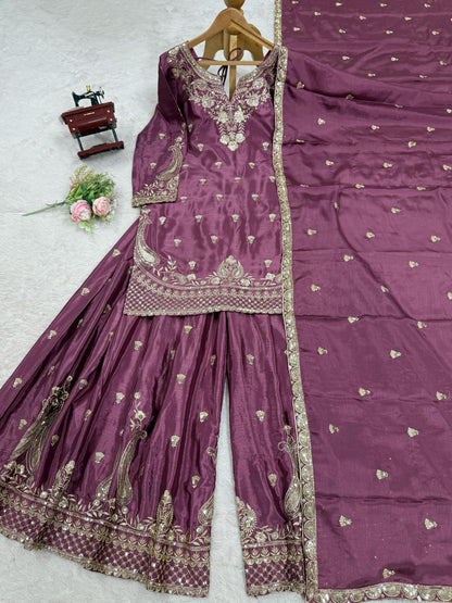 Wonderful Chinon Silk Wine Color Palazzo Suit