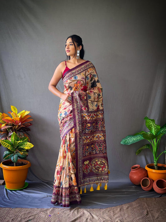 Festive Wear Multi Design Beige Color Cotton Saree