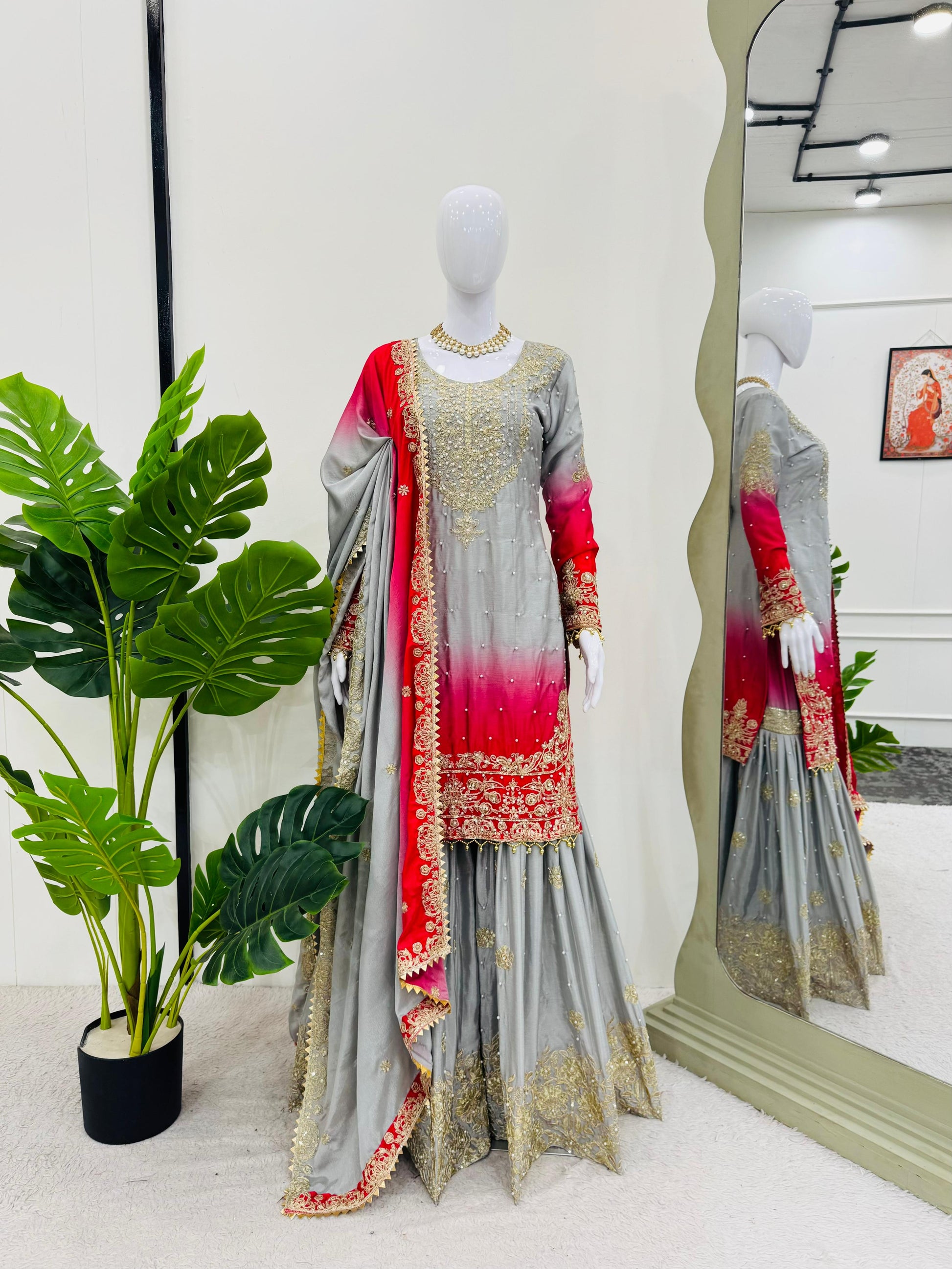Good Looking Chinon Silk Rivet Moti Grey Color Sharara Suit