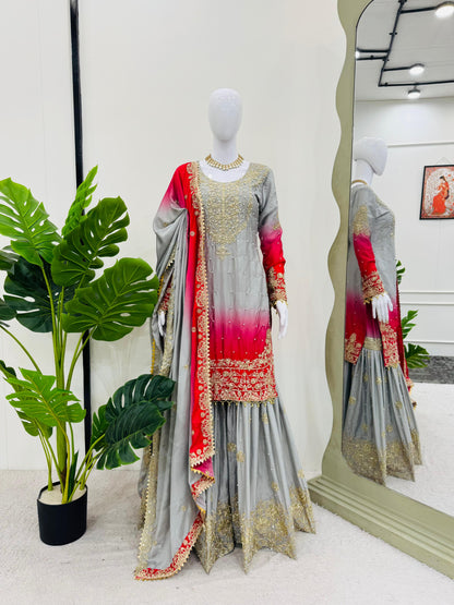 Good Looking Chinon Silk Rivet Moti Grey Color Sharara Suit