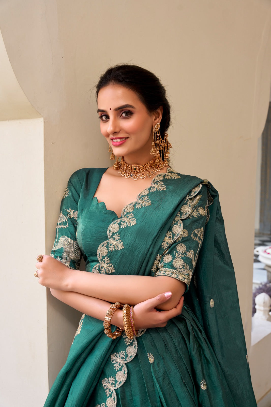 Imposing Gold Crush Teal Green Color Lehenga