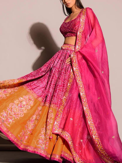 Wonderful Tapeta Silk Pink & Orange Color Lehenga Choli
