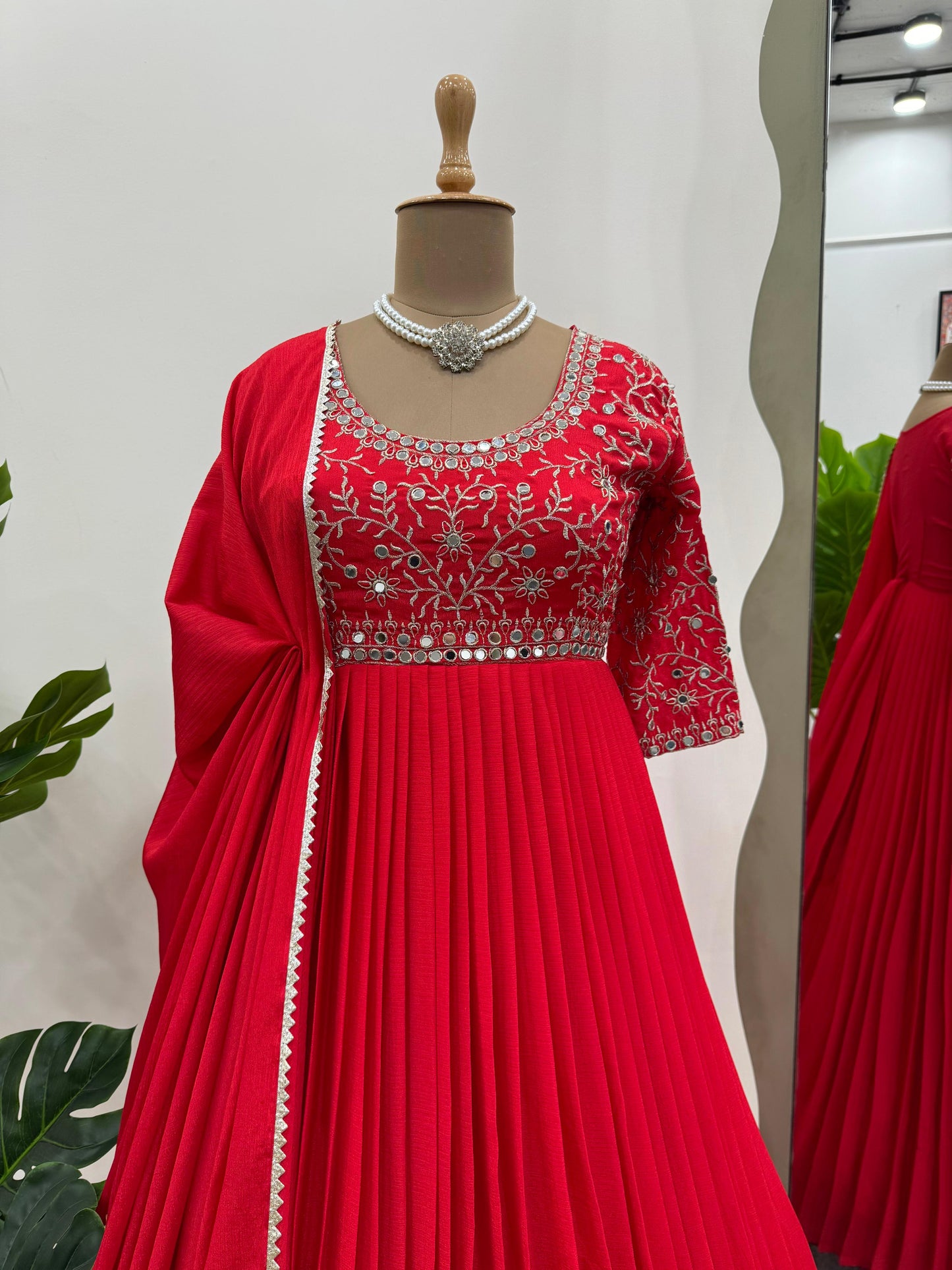 Awesome Real Mirror Work Red Color Gown