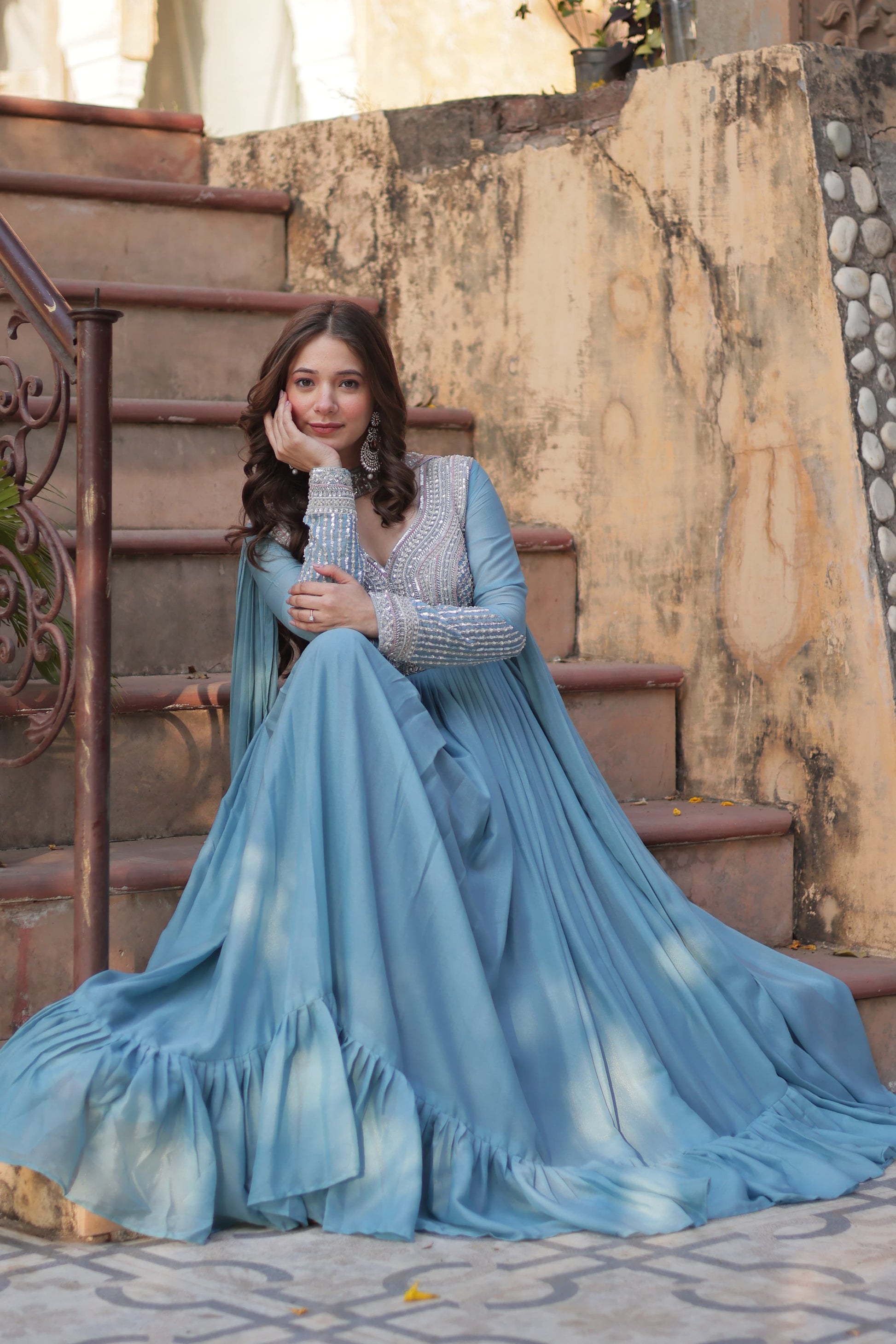 Attractive Beads Sequins Work Sky Blue Color Gown