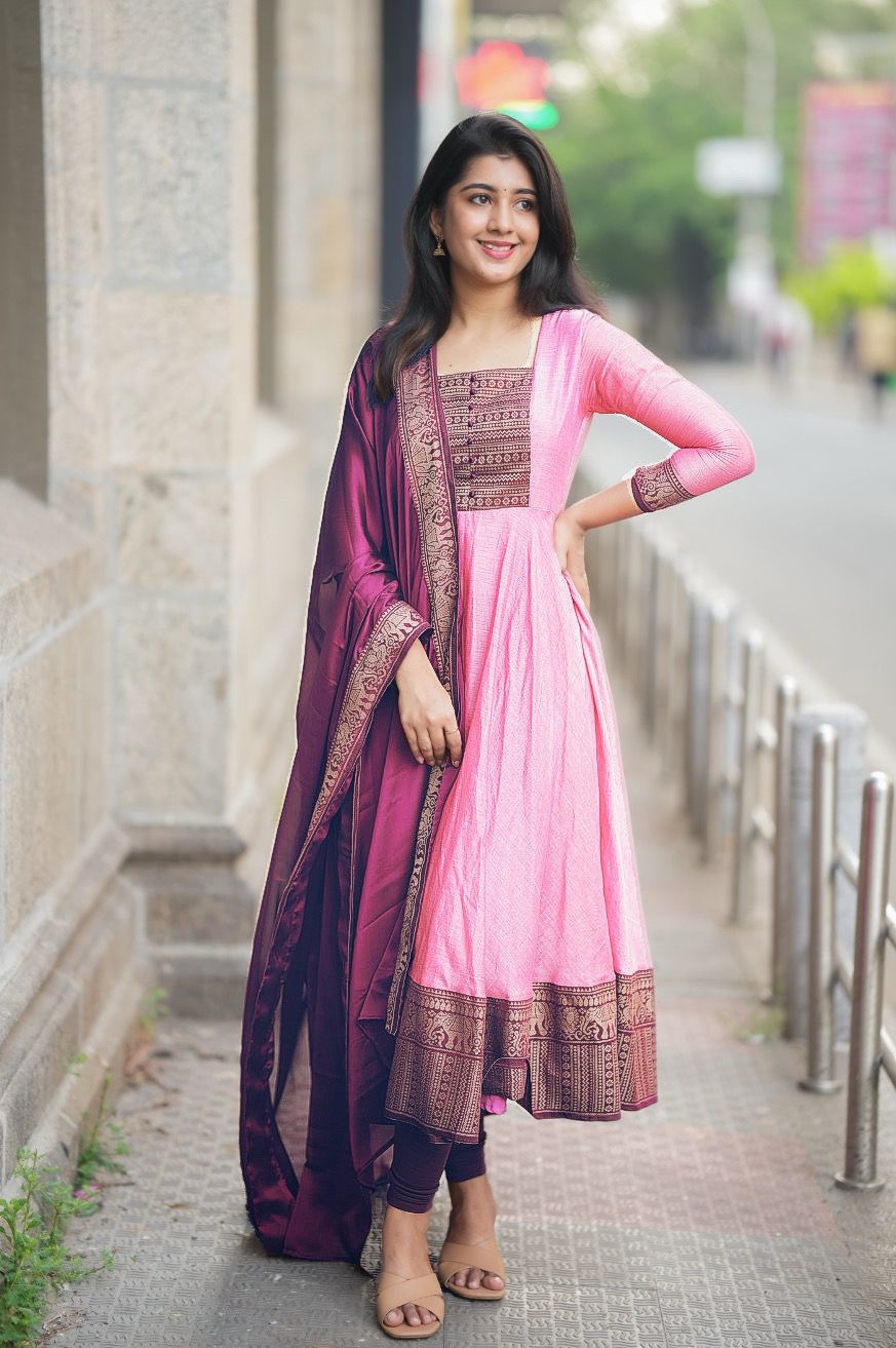 Awesome Zari Weaving Baby Pink Color Gown