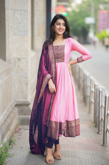 Awesome Zari Weaving Baby Pink Color Gown