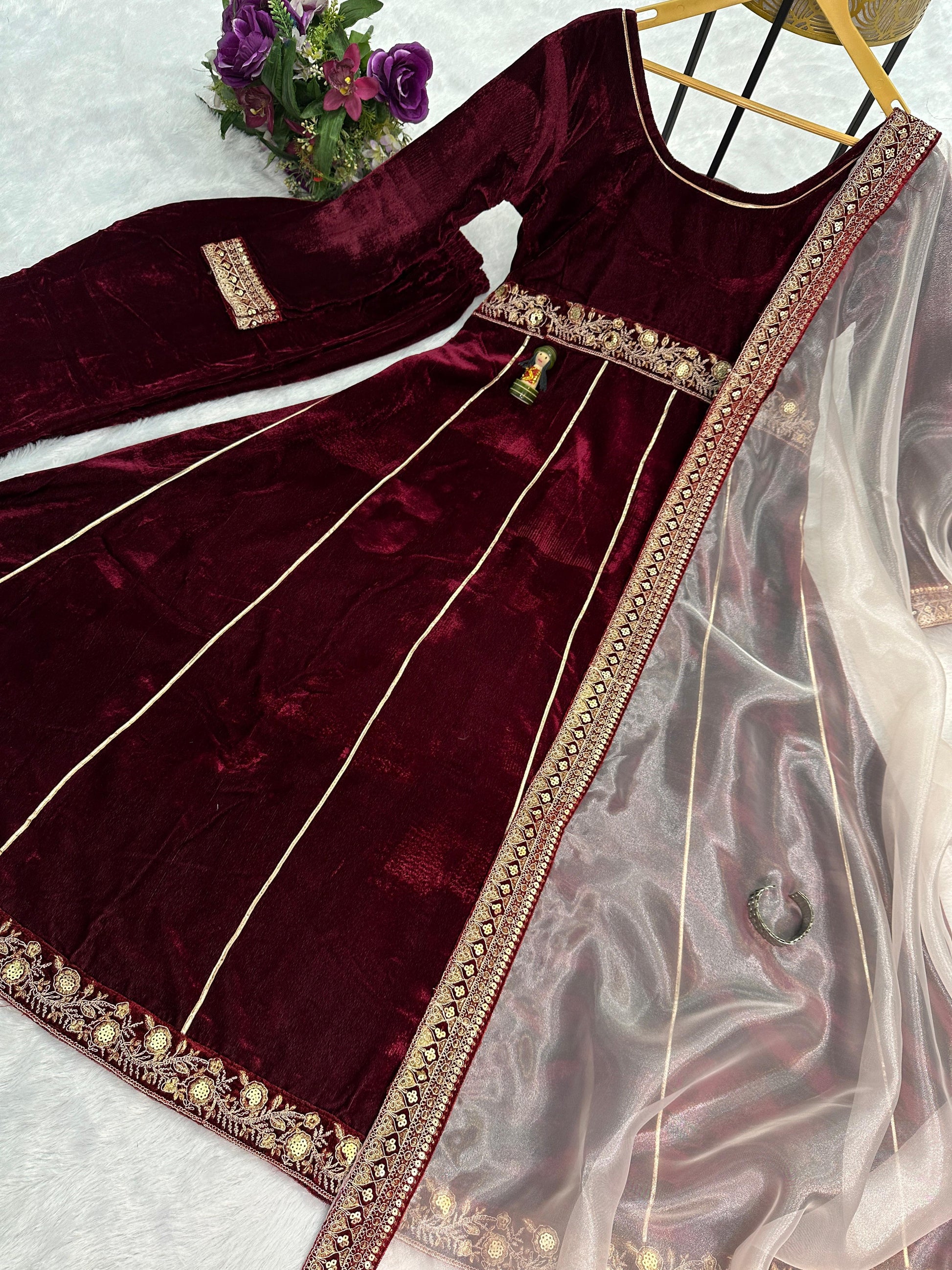 Designer Embroidery Lace Work Velvet Marron Color Gown