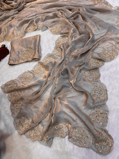 Fantastic Beautiful Katdana handwork Grey Color saree