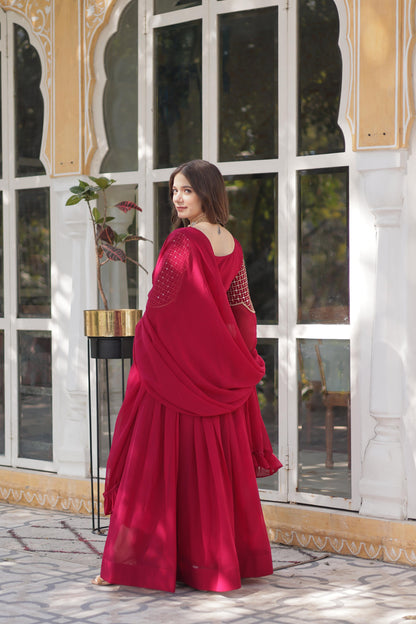 Stunning Georgette Embroidered Work Red Color Gown
