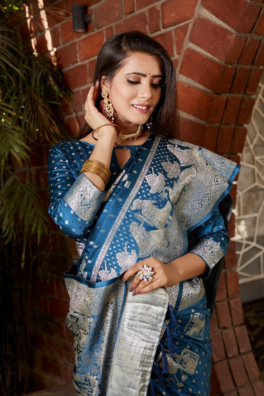Wedding Wear Kanjivaram Silk Blue Color Heavy Saree